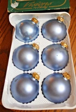 Box of 6 Visions by Holly Blue Glass Christmas Ornaments w/ Crowns 2.5" Vintage