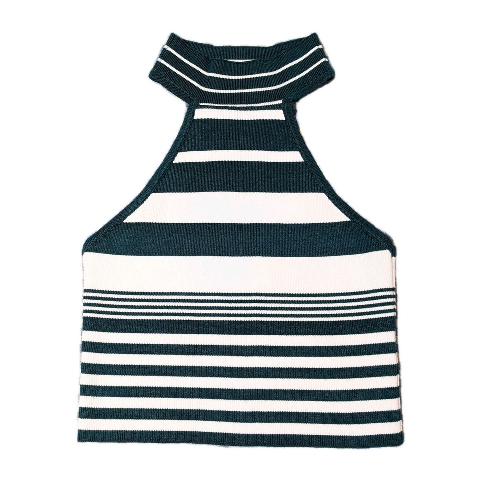 Glassons Ribbed Tie Halter Top Turtle-neck Crop Top Size M - White & Green