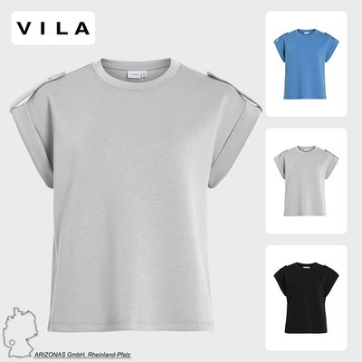 VILA Damen T-Shirt mit Schulterknöpfen, Rundhalsausschnitt, Kurzarm