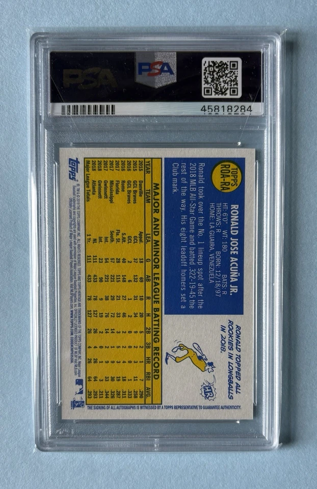 PSA 10 2019 Topps Heritage Ronald Acuna Braves Real One Red Ink Auto /70 - Image 2 of 2