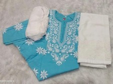 Women s Blue Lucknowi Chikankari Kurti Set with White Dupatta , Kurti for Women