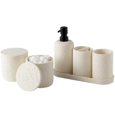 Bathroom Accessories Set, Travertine Stone-Look, 6 PCS Bathroom Accessory Set...