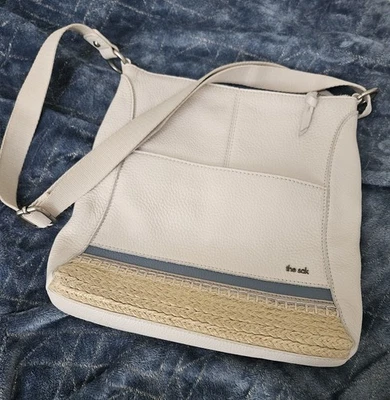 The SAK Large Beige Cream Leather Straw Crossbody Shoulder Hobo Bag Purse - Image 1 of 4