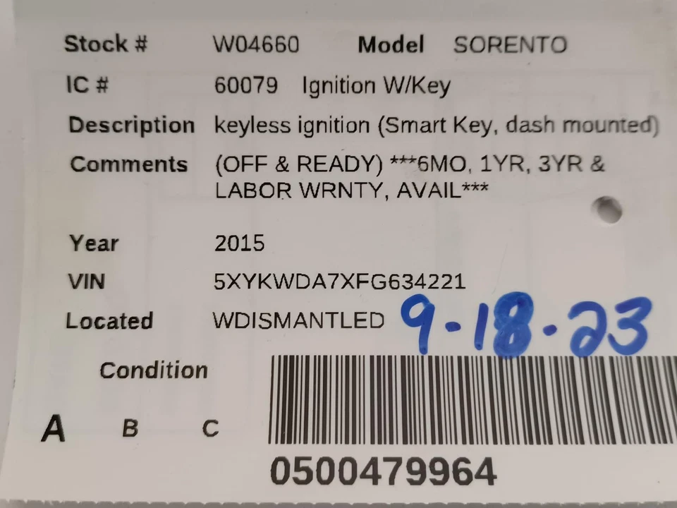 Interruptor de encendido usado se adapta a: Kia Sorento 2015 encendido sin llave llave llave Smart Key tablero montaje Foto 4 de 4