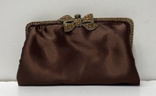 Clara Kasavina Brown Satin Jeweled Bow Evening Clutch Bag Crystal Gold Hardware