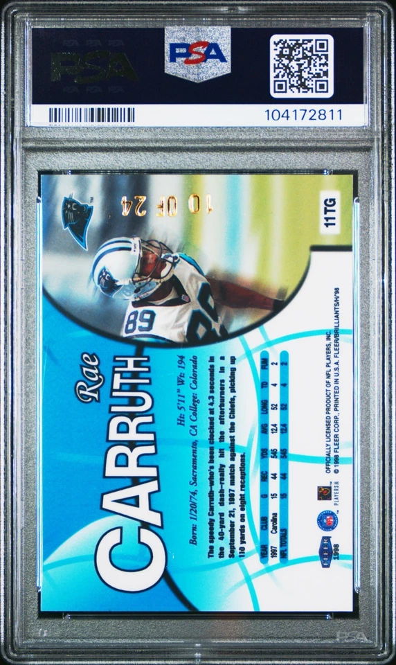 1998 Fleer Brilliants #11tg 24 Karat KT Gold /24 Rae Carruth PSA 9 (sn: 10/24) - Image 2 of 2