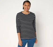 Denim & Co. Textured Cotton 3/4 Sleeve Striped Top-Black-Large A677657  NEW