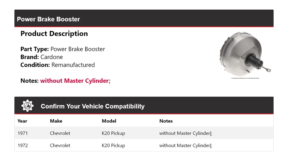 Booster de freno eléctrico Cardone para camioneta Chevrolet K20 1971-1972 Foto 2 de 4