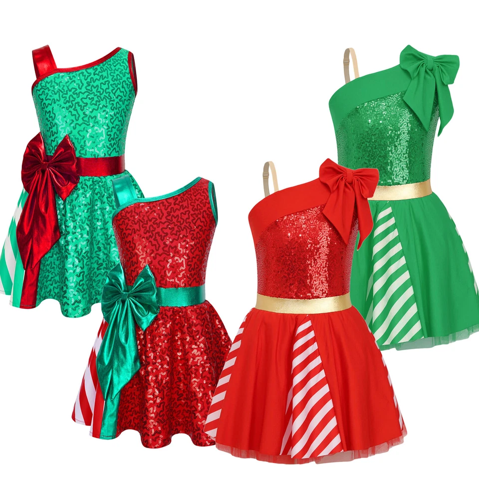 US~ Girls Sparkly Sequins Ballet Dance Christmas Costume Elf Party Fancy Dress - Image 3 of 4