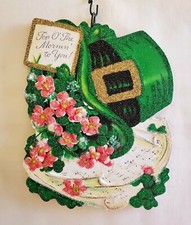 HAT w SHAMROCKS, FLOWERS, St. PATRICK's MORNIN'  Glitter ORNAMENT  Vtg Img