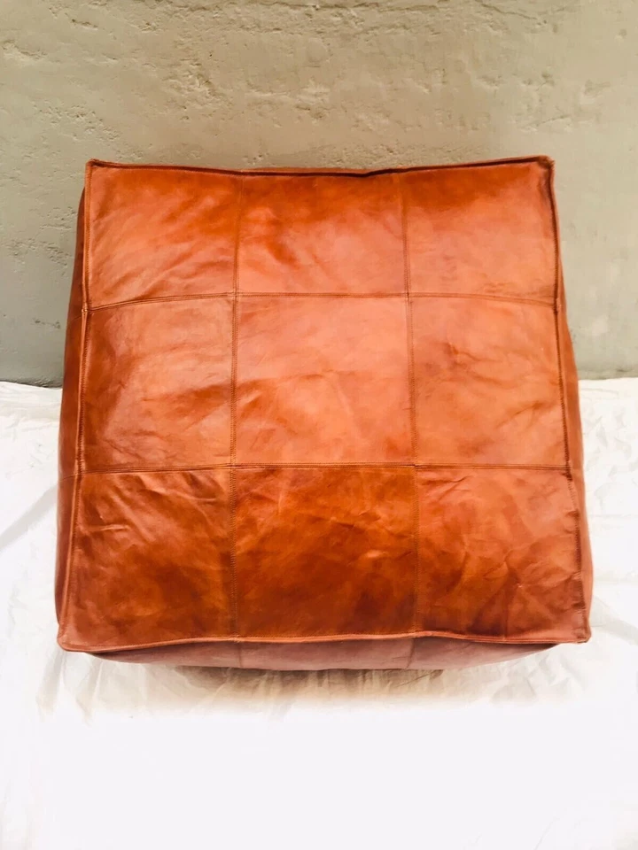 New Handmade Square Vintage Natural Unstuffed 30'' Pouffe Moroccan Leather - Image 3 of 4