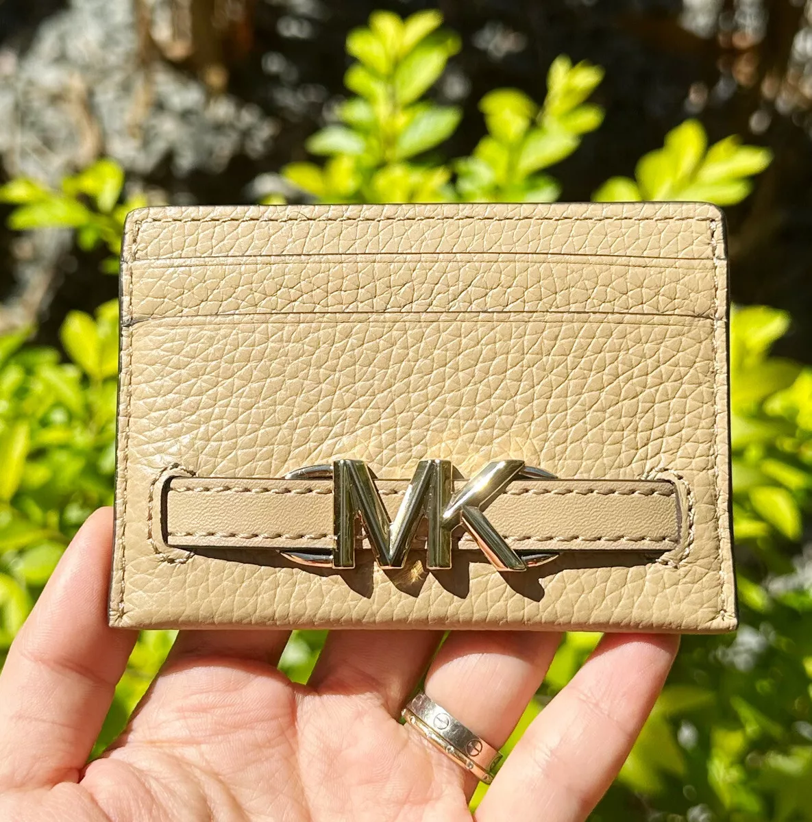 Michael Kors Reed Large Card Holder Wallet MK Signature Logo Camel Leather