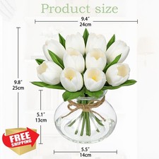 DILATATA White Tulips Artificial Flowers in Vase Faux Water Centerpiece