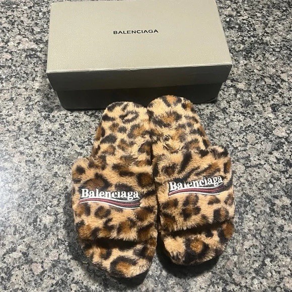 Balenciaga Cheeta Print Fur Slides Eu 44 Size 11 US Men's Brand New In Box
