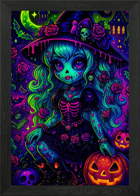 Neon Halloween Hexe mit Kürbissen gerahmtes Wandbild Poster Leinwanddruck Bild