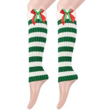 Knit Striped Boot Toppers Christmas Bowknot Plush Trim Leg Warmers for Holiday