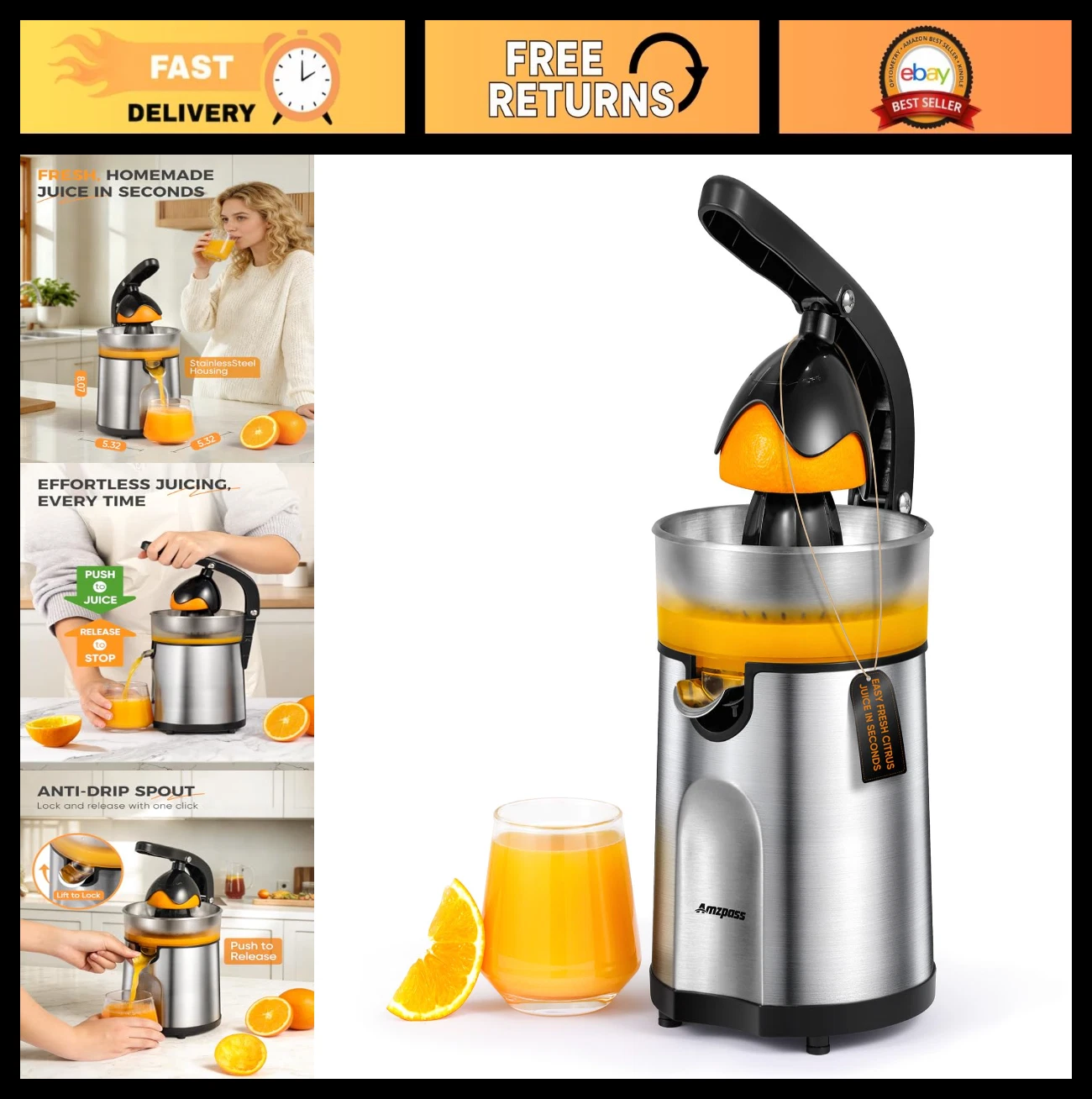 Electric Citrus Juicer Squeezer with 2 Cones, 160W Stainless Steel Machine for L