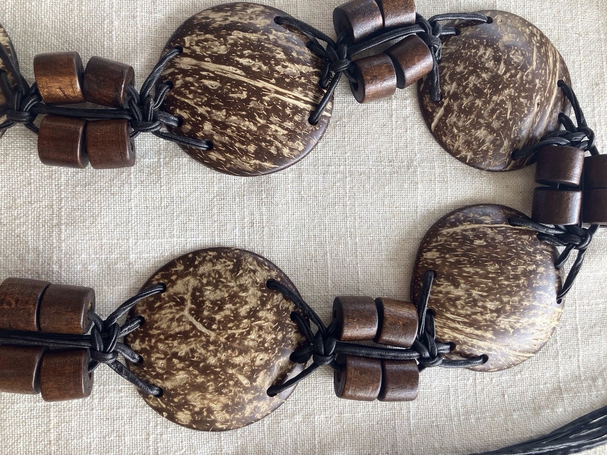 Coconut Shell With Wood Beads Woven Brown Tie Belt. 70” Long 