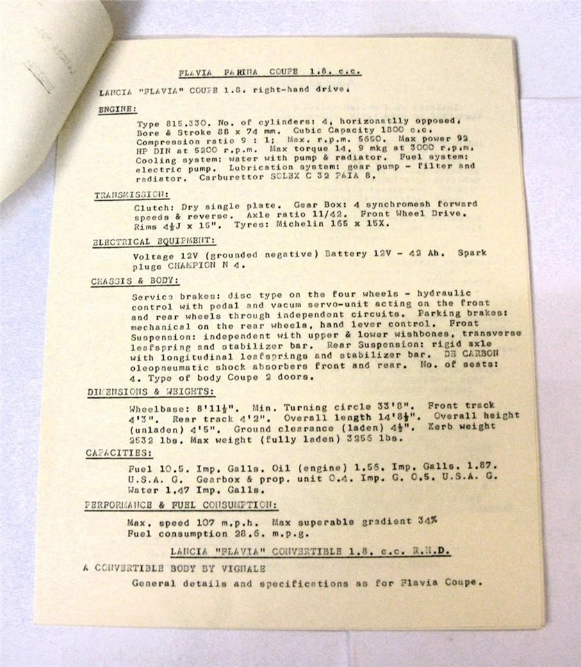Hoja de especificaciones de coche LANCIA FLAVIA Zagato + Farina cupé + berlina estándar Foto 2 de 4