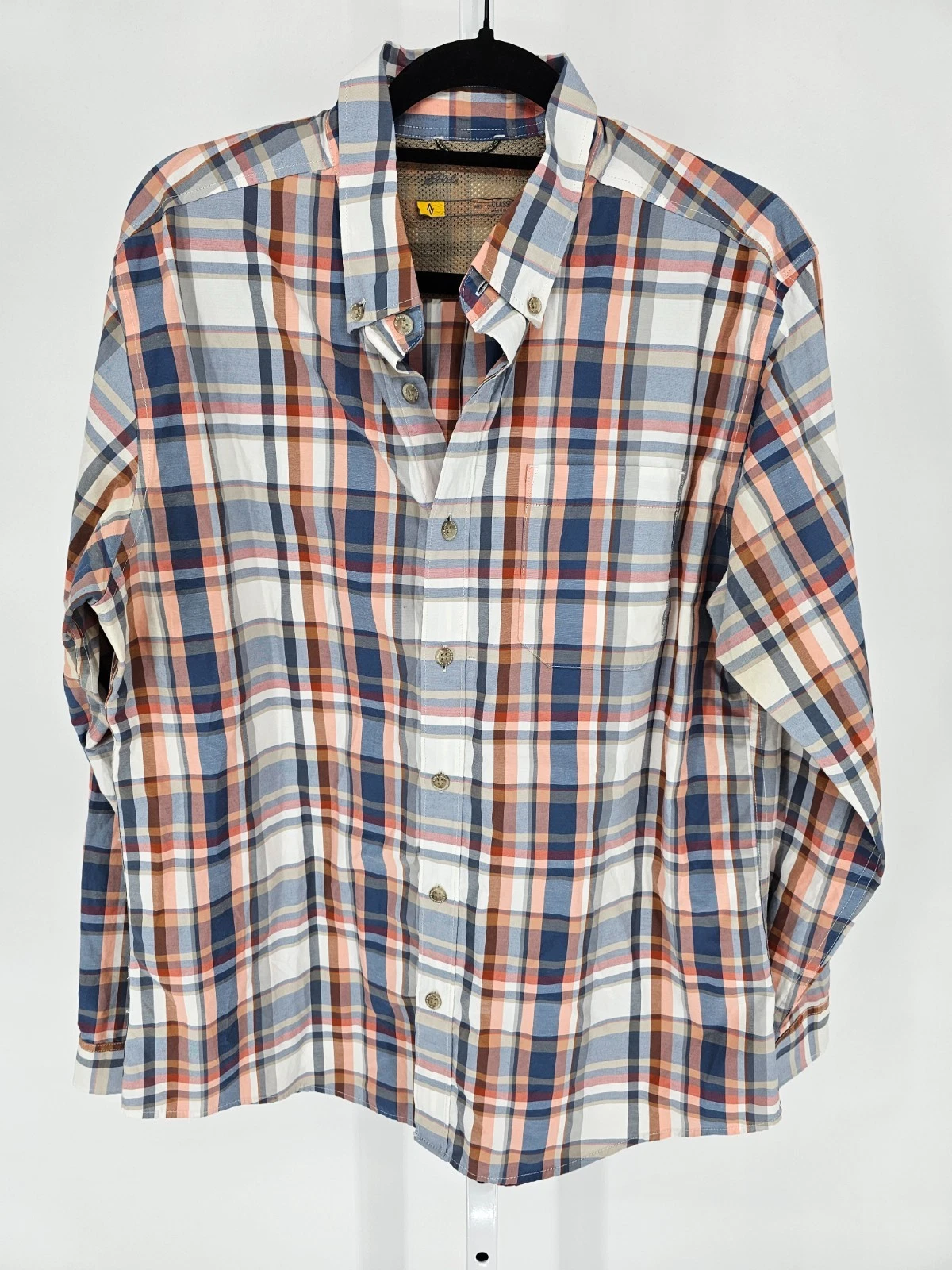 Eddie Bauer Mens Sz L Long Sleeve Button Up Hiking Shirt Blue Orange Plaid