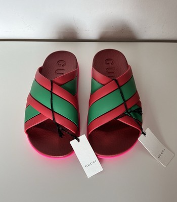 Gucci Agrado Gummi Web Streifen Pantoletten Sandalen Koralle Neu Sham EU36