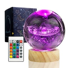 3D Solar System Crystal Ball Night Light with 16 Color LED Wooden Base, Upgra...