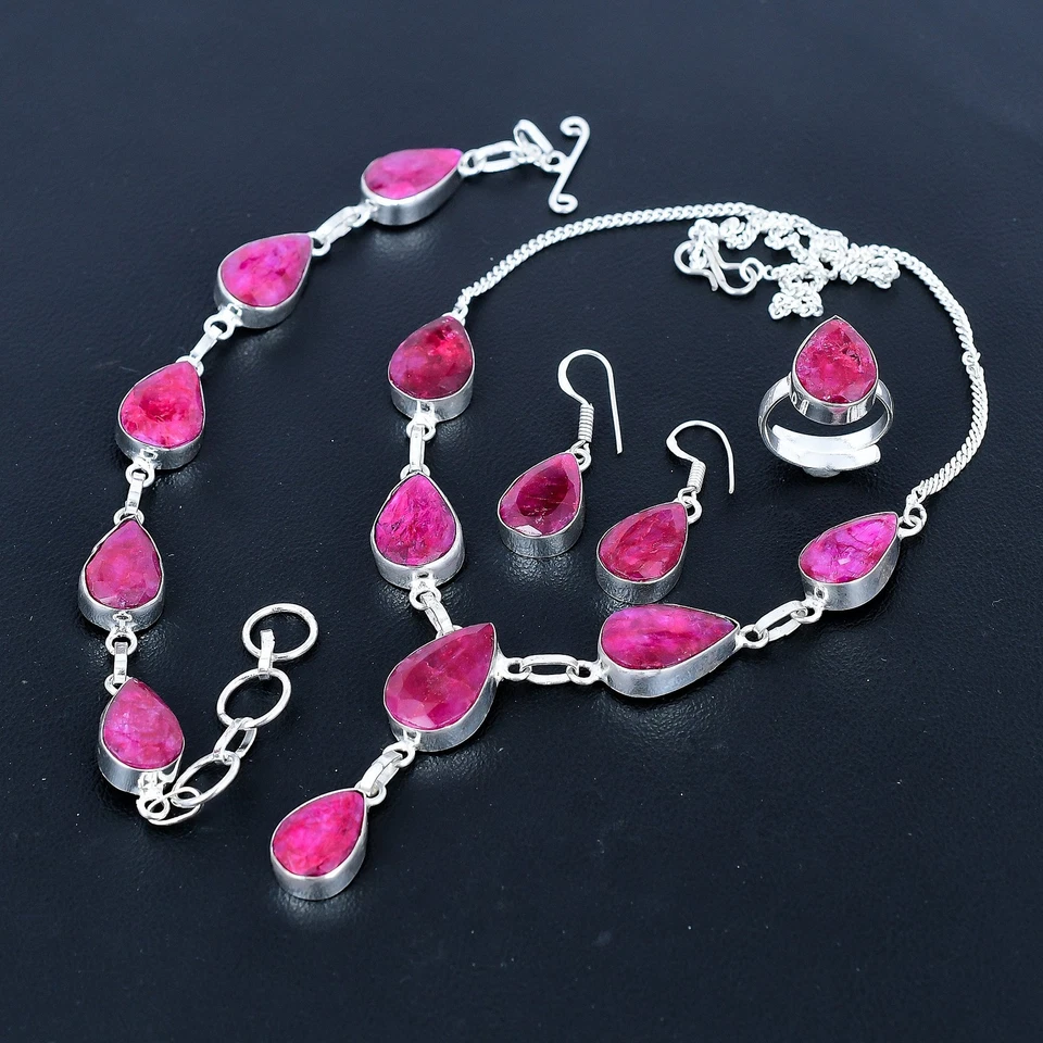 Juego de joyas de plata de ley 925 hechas a mano con piedras preciosas de pera rubí rojo de Cachemira VJ 918 Foto 3 de 4