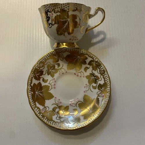 Royal Chelsea English Bone China Gold Ivy and Pink Berry Tea Cup Saucer Set