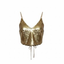 Charlotte Russe Womens Gold Sequin Cami Crop Top Tie Back Sparkle Party Size S