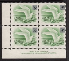 NORFOLK ISLAND 1966 DECIMAL CURRENCY, SURCH  3c ON 3d GREEN IMP BLOCK  (4) MNH.