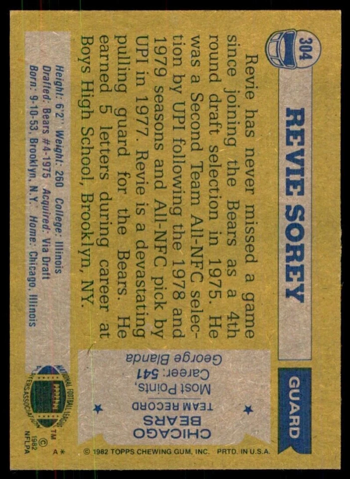 1982 Topps- Revie Sorey Chicago Bears #304 - Image 2 of 2