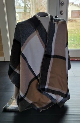 Mixit Heritage Plaid Shawl Cape Poncho Black/Tan/White Soft One Size NWT - Image 1 of 4