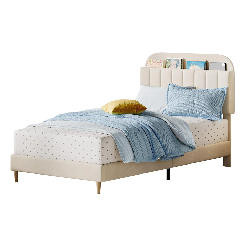 Twin Size Bed Frame Upholstered Platform with Velvet Headboard for Boy & Girl - Image 4 of 4