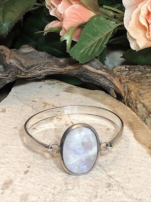 Vintage 925 Sterling Silver Moonstone Bangle Hinged Bracelet