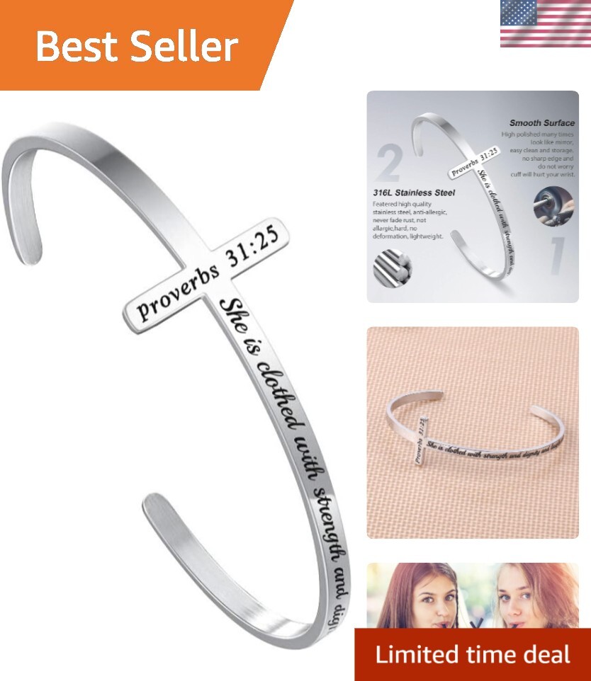 Dainty Strength and Dignity Christian Cuff Bracelet for Women