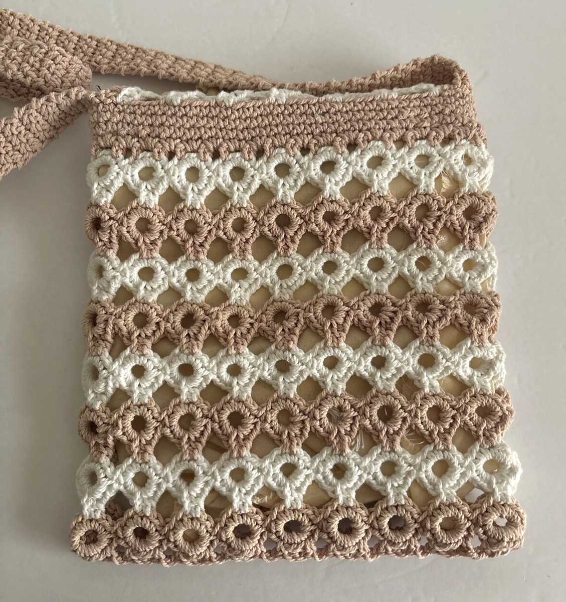 Handmade Crocheted Crossbody Boho Retro Purse Bag White/Beige Zip