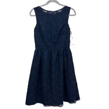Calvin Klein Women Lace Dress Sleeveless Pleated Lace Keyhole Back Lined Blue 4 