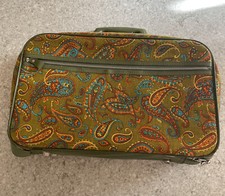 VTG 1970s Bantam Travelware Mod Suitcase Unique Paisley Canvas Olive Green FUN