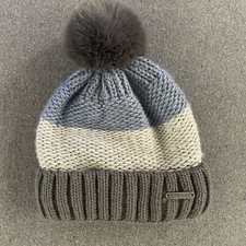 Screamer Beanie Pom Pom Knit Hat Blue Gray Vienna Cuffed Ski Plush Lined Snow