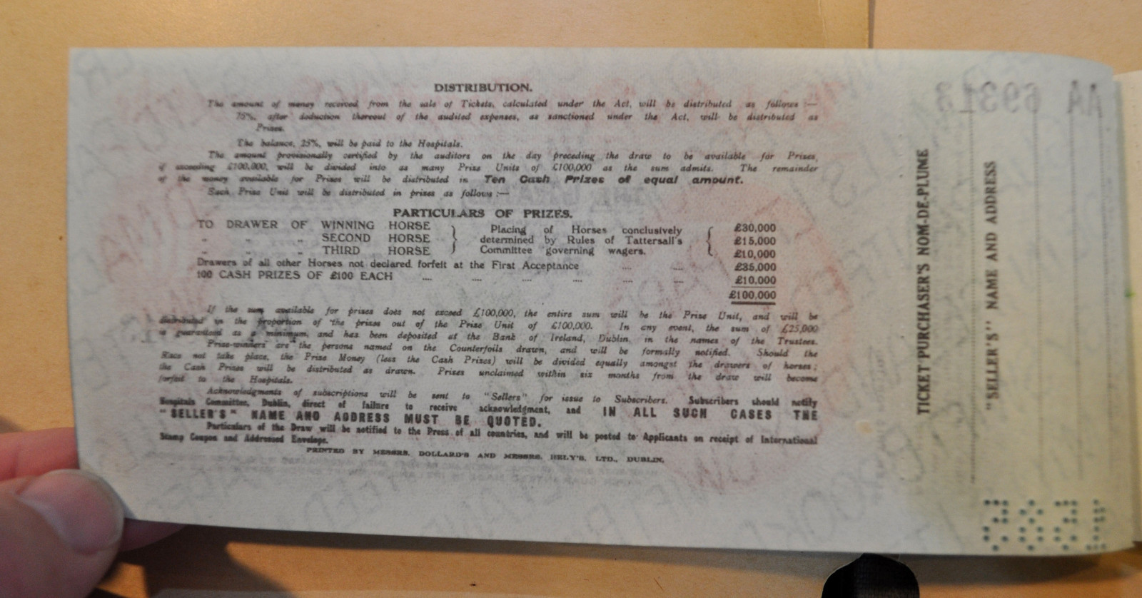 Irish Free State Hospitals Grand National Sweepstake Lottery Ticket