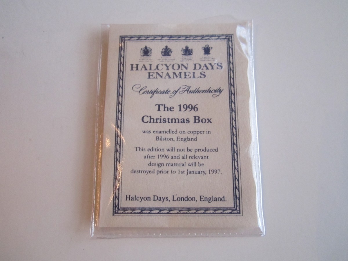 1996 HALCYON DAYS ENAMEL CHRISTMAS BOX - IN THE BOX WITH
