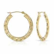 14K Real Solid Yellow Gold Checkered Diamond-Cut Round Flat Hoop Earrings 25mm