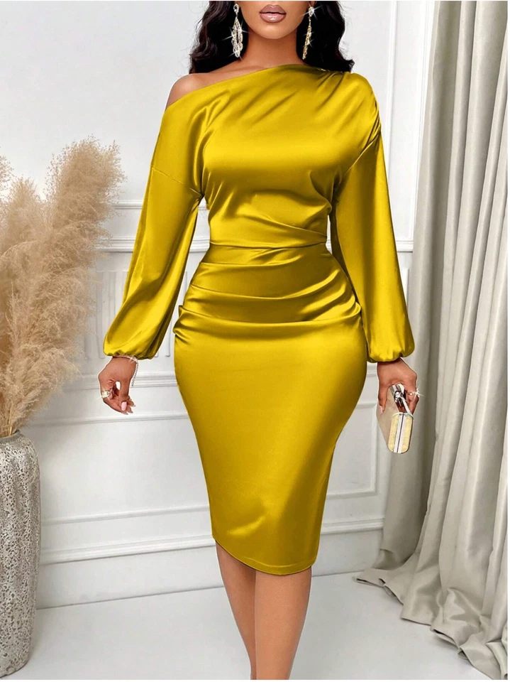 SOLERSUN Asymmetric Neckline Ruched Side Satin Bodycon Dress Maxi Women Outfit