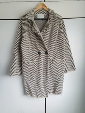 Apricot black ecru chevron zig zag fluffy knitted cardigan coat mid-lenght uk 10