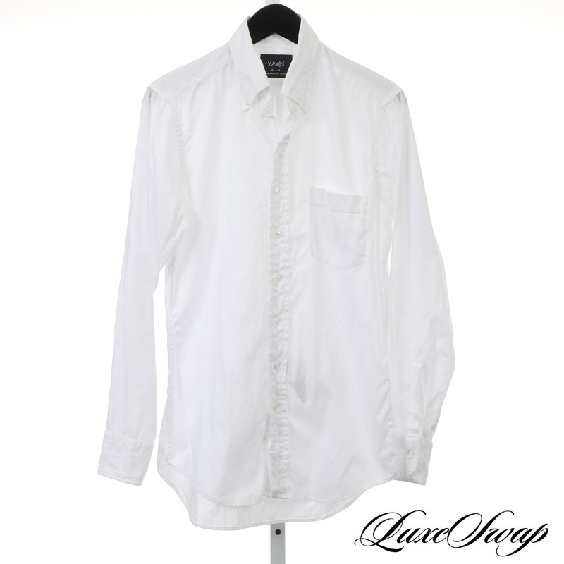 #1 MENSWEAR Drakes Made in England White Jacquard Fishscale Dress Shirt 15.5 NR