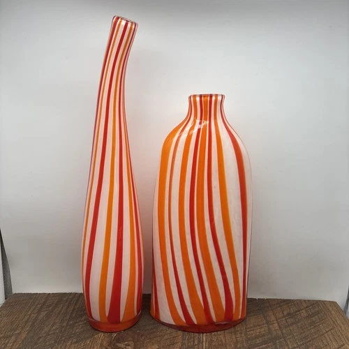 VTG Murano Art Glass Vases White Red Orange Striped Swirl  18"/14” Tall 1960s