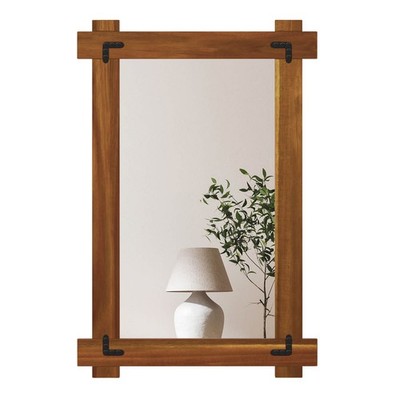 30 x 20 Inch Shatterproof Wall Mirror w/Acacia Wood Frame & Vintage Rivet Design