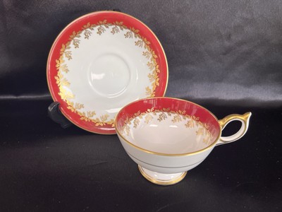Aynsley Teacup and Saucer Bone China Made in England Red with Gold & White