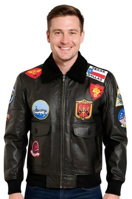 Men's Topgun Black Leather Jacket Tom Cruise Sheepskin Collar Maverick A2 Bomber