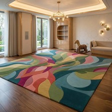 Hand Tufted Wool Blend Area Rug, Colorful Abstract Organic Wave Area Carpet